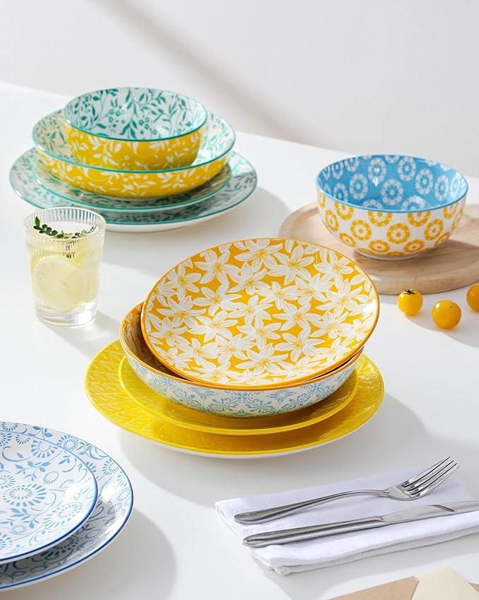 vancasso SELENE 24 Pieces Dinnerware Sets and 8.5 Pasta Bowls Set of 6 40 oz Porcelain Shallow Salad Bowls