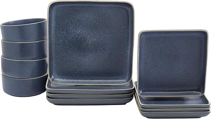 Tabletops Gallery Madison Fashion Dinnerware Collection- Square Contemporary Modern Reactive Glaze Dinner Salad Plate Bowl 4 Place Setting 12 Piece Madison Dinnerware set in Speckled Blue