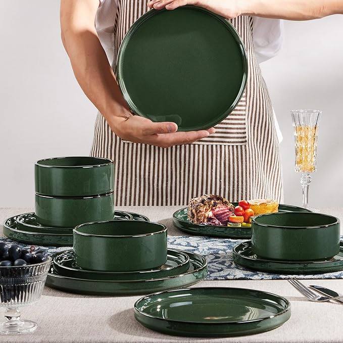 Herogo 12 Pieces Stoneware Dinnerware Set for 4 Ceramic Dinner Dishware Sets for Home Kitchen Plates and Bowls with Rustic Terracotta Bottom Dishwasher &amp Microwave Safe Dark Green