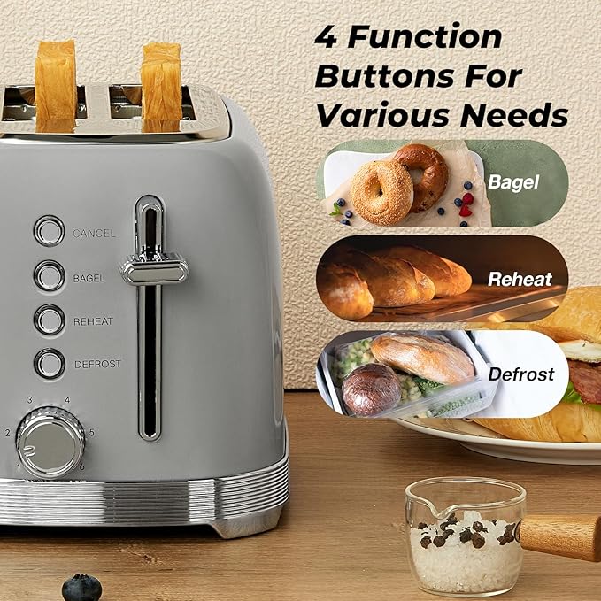 Toaster 2 Slice Retro Stainless Steel with 1.5” Extra Wide Slots Bagel Defrost Reheat Cancel Functions 6 Bread Shade Settings Removable Crumb Tray Gray