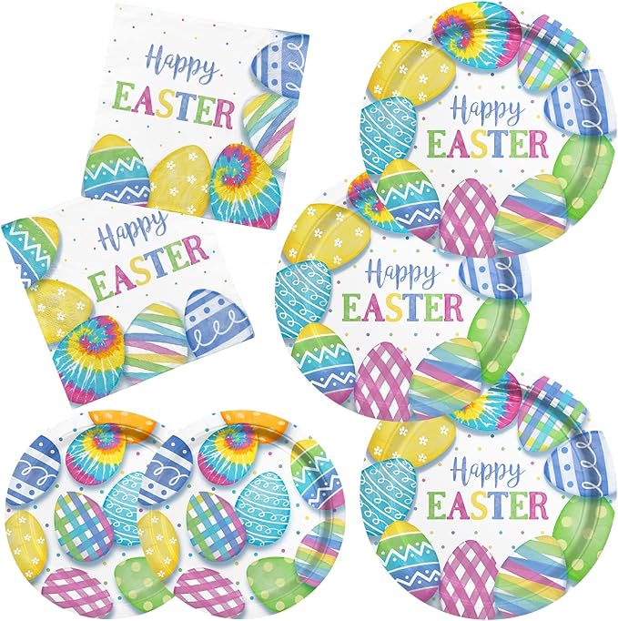 Happy Easter Party Supplies Kit Disposable Dinnerware Includes Paper Dinner Plates Dessert Plates Napkins for Easter party Decorations Serve 50