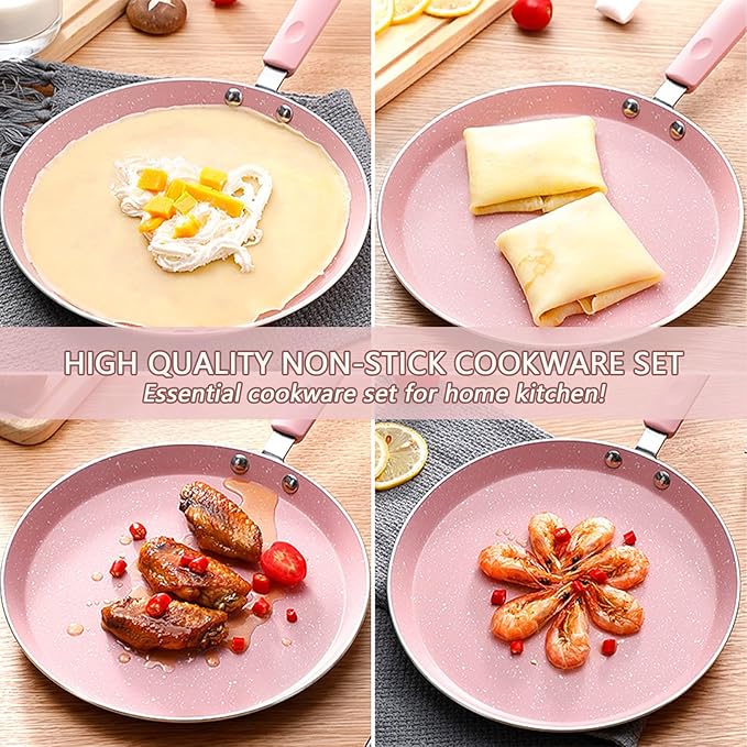 JUSTUP Nonstick Frying Pan Set3 Piece Pots and Pans Set NonstickPink Kitchen Cookware Sets with Non Stick Pan Coating10 Inch8 Inch and 6 Inch Non Stick Cooking Set Suitable for All Stoves (Pink)