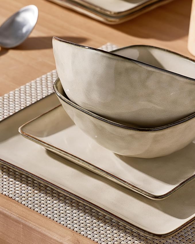 Famiware Dinnerware Sets for 4 Ocean Square 12-Piece Kitchen Plates and Bowls Sets Microwave and Dishwasher Safe Scratch Resistant Light khaki
