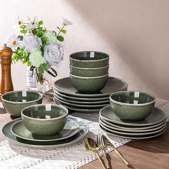 AmorArc Ceramic Dinnerware Sets for 4 12 Pieces Handpainted Plates and Bowls Set Scratch Resistant Stoneware Dishes Set Dishwasher &amp Microwave Safe Jade Green