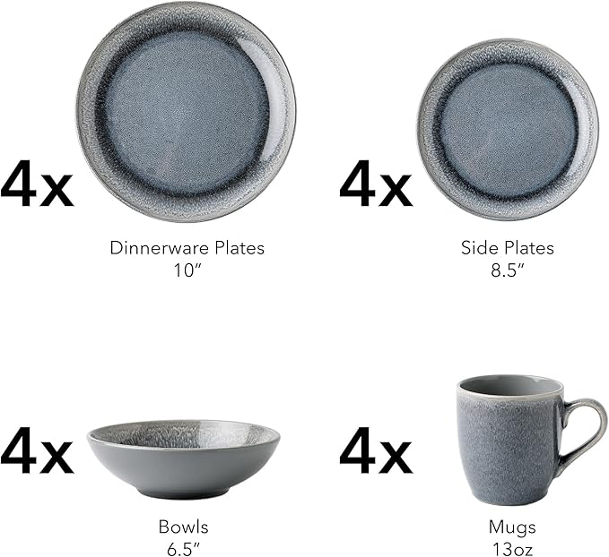 FAIT Round Stoneware 16pc Dinnerware Set for 4 Dinner Plates Side Plates Cereal Bowls Mugs - Reactive Glaze Grey (448158)