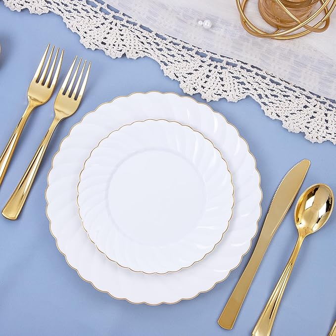 U-QE 100 Pieces Gold Plastic Plates - Premium White Plastic Plates for Party Wedding and Daily Use Including 50PCS 9 '' Plastic Dinner Plates &amp 50PCS 6.5 '' Plastic Dessert Plates