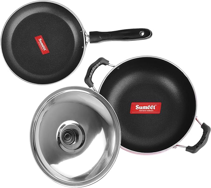 Sumeet 2.6mm Thick Non-Stick Blush Cookware set (Kadhai With Lid – 1.5Ltr capacity- 20cm Dia + Tapper pan – 20cm Dia)