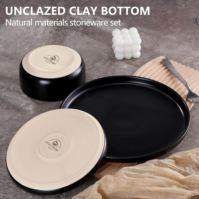 LIANYU 18PCS Dinnerware Plates and Bowls Sets Ceramic Dishes Set for 6 Stoneware Dinner Dessert Salad Plates Cereal Bowls Scratch Resistant Dishware Microwavable &amp Dishwasher Safe Matte Black
