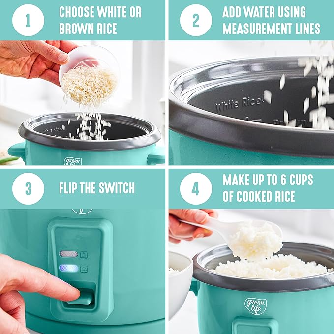 GreenLife Rice Cooker with Removable PFAS-Free Ceramic Nonstick Pot 3-Cups Uncooked/6-Cups Cooked Grains &amp Oatmeal Multicooker Compact One-Switch Design Auto Keep Warm Easy Clean Turquoise