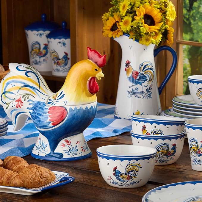 French Rooster Ceramic 16‑Piece DINNERWARE SETSERVICE for FOUR with dinner plates salad plates mugs and ice cream bowls featuring classic blue and multicolor rooster motifs