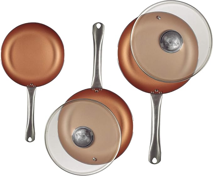 San Ignacio Optimum Cooper-Set of 5 Pieces: 3 Frying Pans 2 Lids-Copper Effect-20/24/28 cm - Non-Stick without PFOA-Induction and Gas Pressed Aluminium