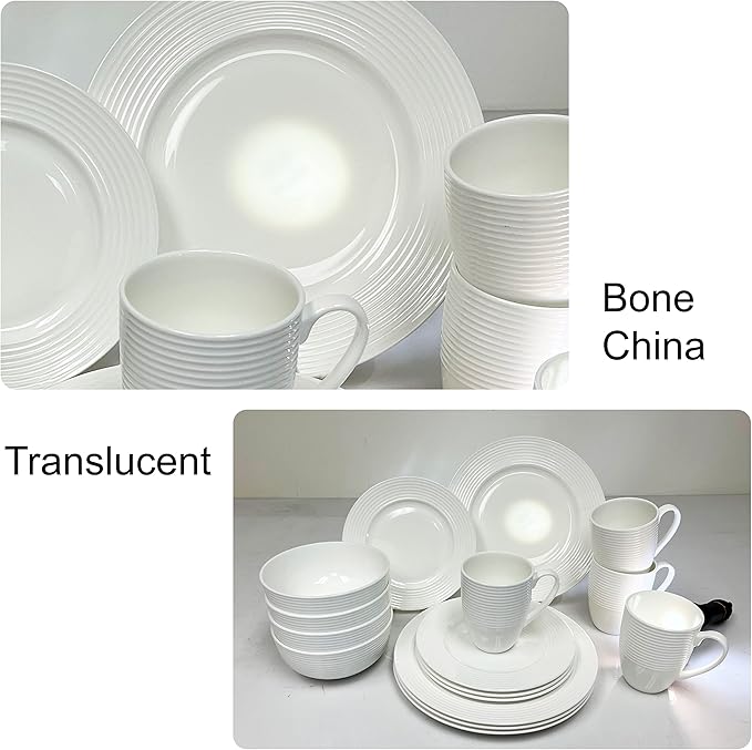 Bone China 16 Piece Dinnerware Dish Set Service for 4 White Embossed Circle Microwave Safe Translucent Elegant giftware Essential Home Formal and Everyday Living Kitchen Dishes Dinner Set