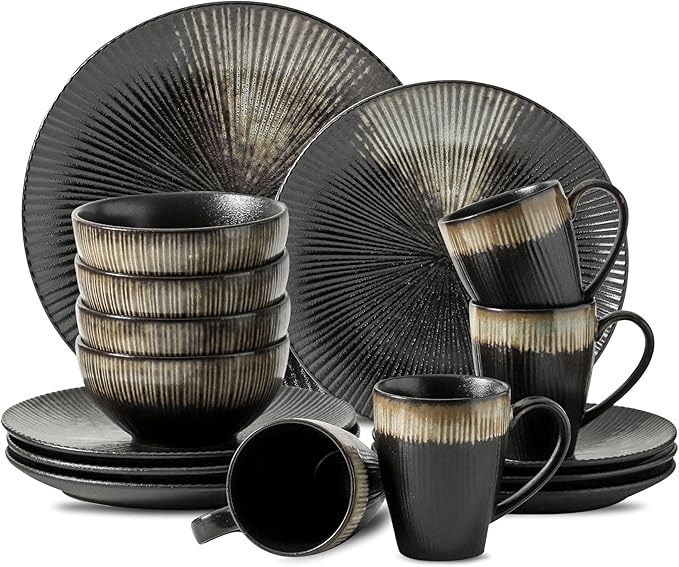 KOOV Ceramic Dinnerware Set of 16 Plates Bowls Cups &amp Dessert Plates for Party Microwave &amp Dishwasher Safe Stripe Series (Rough Black)
