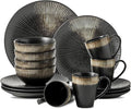 KOOV Ceramic Dinnerware Set of 16 Plates Bowls Cups &amp Dessert Plates for Party Microwave &amp Dishwasher Safe Stripe Series (Rough Black)