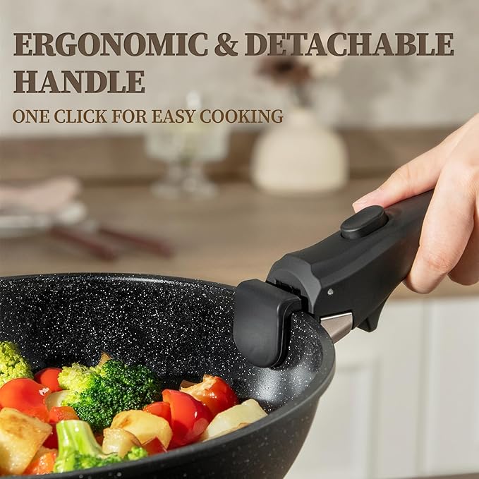 23Pcs Ceramic Cookware Set Non Stick Pots and Pans Set Non Toxic with Detachable Handle Induction Kitchen Cookware Set Space Saving Oven &amp Dishwasher Safe Black