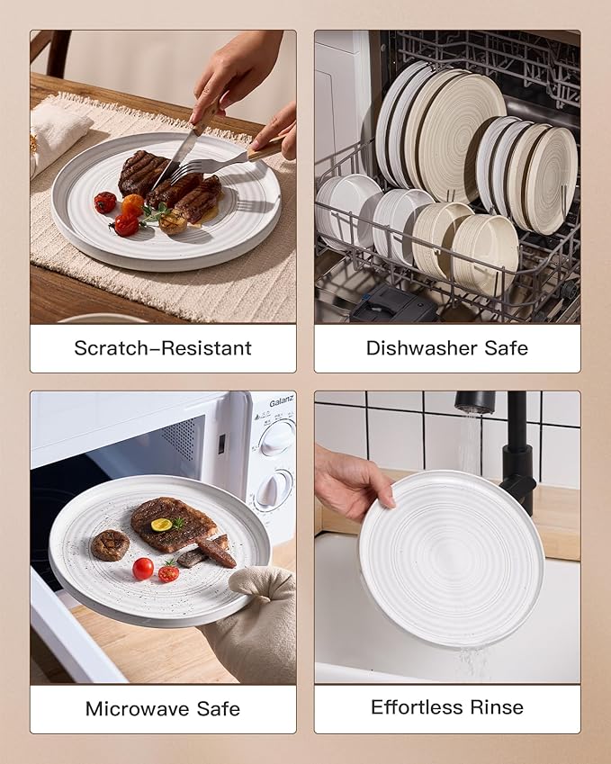 Plates and Bowls Sets for 6 (18-Piece) Stoneware Reactive Glaze Dinnerware with Speckles &amp Spirals Chip and Scratch Resistant Straight Dishes Set with Gift Box Microwave Dishwasher Safe White