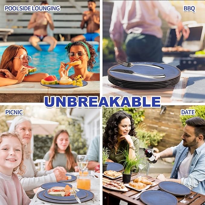 11Inch Blue Melamine Dinner Plates Set of 8BPA Free Non-Toxic Food Grade Unbreakable Dishwasher SafeShatter Chip ResistantLightweight Reusable for Kitchen Picnic Camping Restaurant