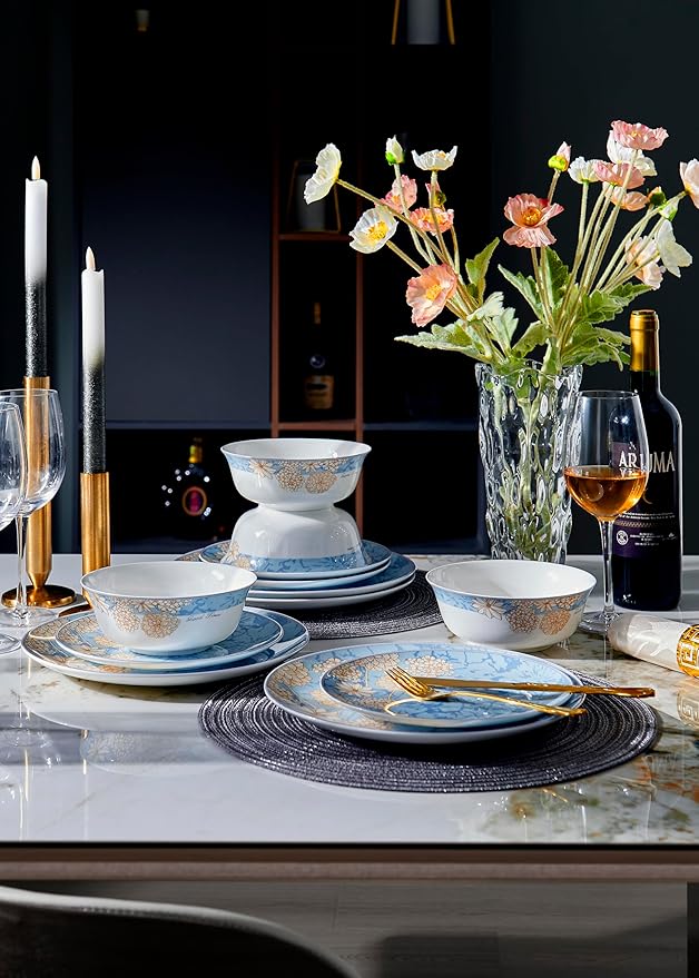 High Bone China Dinnerware Set 12-Piece Artistic Blue Plates and Bowls Lightweight &amp Chip Resistant Ceramic Service for 4 Dishwasher Safe Elegant Kitchen Dining