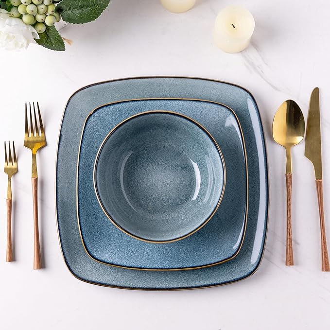 AmorArc Ceramic Dinnerware Sets for 4 12 Pieces Square Handpainted Plates and Bowls Set Chip and Scratch Resistant Stoneware Dishes Set Dishwasher &amp Microwave Safe Ocean Blue