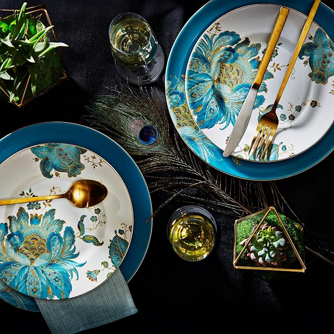 222 Fifth 16-Piece Porcelain Dinnerware Set for 4 Elegant Floral Plates and Bowls Sets-White Teal Gold Ceramic Dishes Chip Resistant Kitchen and Dining Dish Set Microwave &amp Dishwasher Safe E