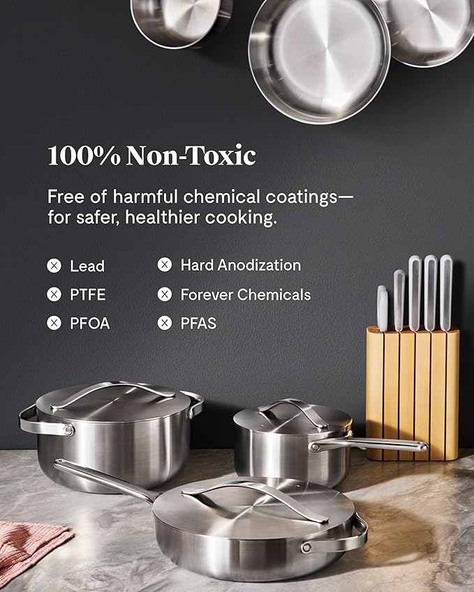 Caraway Stainless Steel Deluxe Cookware Set (16 Piece) - 5-Ply Stainless Steel Pots Frying Pans Lids and Kitchen Storage - Non Toxic PTFE &amp PFOA Free