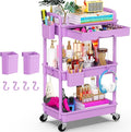 Goovilla 3 Tier Rolling Utility Cart Organizer with Removable Drawer Stable and Sturdy Purple Rolling Storage Carts with 2 Lockable Wheels for Bathroom Kitchen Snack Craft Makeup Baby Essentials
