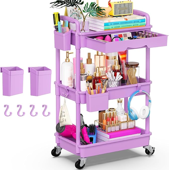 Goovilla 3 Tier Rolling Utility Cart Organizer with Removable Drawer Stable and Sturdy Purple Rolling Storage Carts with 2 Lockable Wheels for Bathroom Kitchen Snack Craft Makeup Baby Essentials