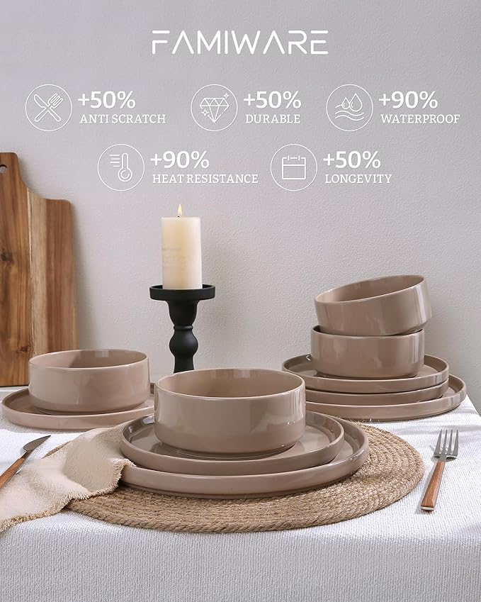 Famiware Nebula Plates and Bowls Sets Dinnerware Sets Dishes Set for 8 8-Set(24pcs) Cinnamon Brown