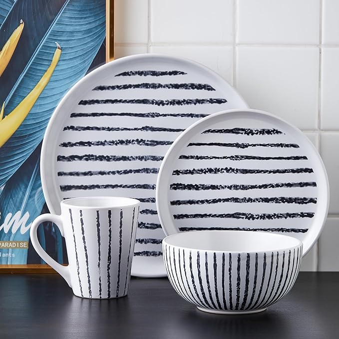 Stone Lain Nova Modern Stoneware Dinnerware Set Plates and Bowls Set 16-Piece Dish Set Service for 4 Black