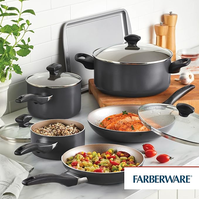 Farberware Dishwasher Safe Nonstick Cookware Pots and Pans Set 15 Piece Pewter