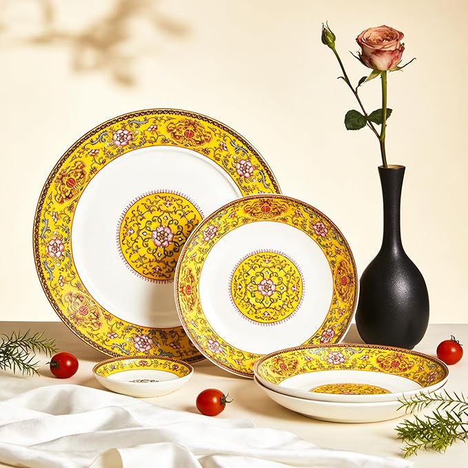 48 Piece Fine Bone China Dinnerware Set Royal Style Banquet Dinner Set Enamel Yellow