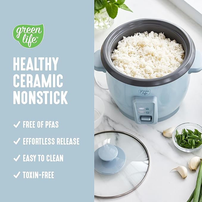 GreenLife Rice Cooker with Removable PFAS-Free Ceramic Nonstick Pot 3-Cups Uncooked/6-Cups Cooked Grains &amp Oatmeal Multicooker Compact One-Switch Design Auto Keep Warm Easy Clean Blue Haze