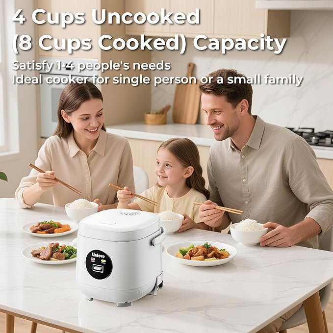 Rice Cooker Small 4 cup Uncooked2 Quart Non-stick Mini Rice CookerWith Stainless Steel Steamer TrayOne-Switch to Cook and Auto Keep WarmRecipe GuideSmall space saving for 1-4 peopleWhite