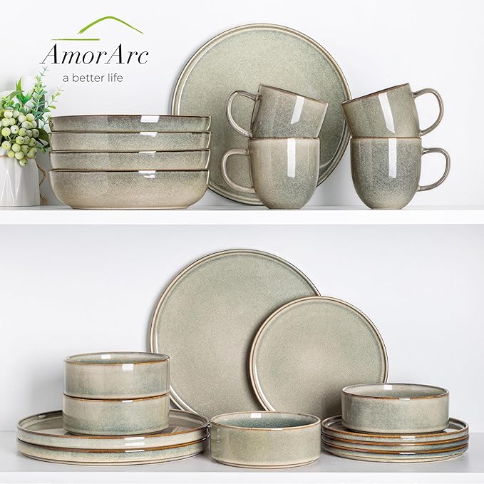 AmorArc 12 pcs Ceramic Dinnerware Sets with 6pcs Coffee mugsHandmade Reactive Glaze Plates and Bowls Sets Dishwasher &amp Microwave Safe Dishes Set Service for 4