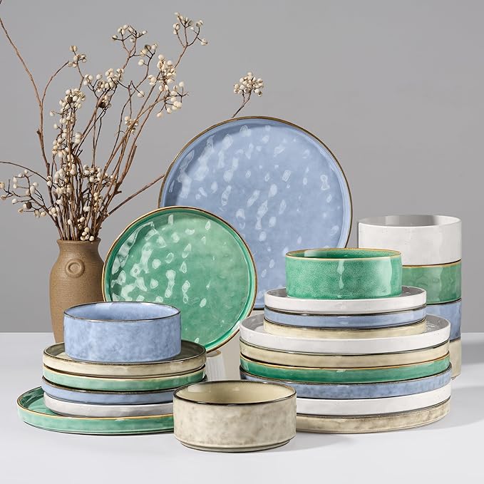 HaWare Dinnerware Sets 24-Piece Plates and Bowls Set Stoneware Dish Set for 8 Ceramic Dinnerware for Home Restaurant Chip and Scratch Resistant Microwave and Dishwasher Safe Multicolor