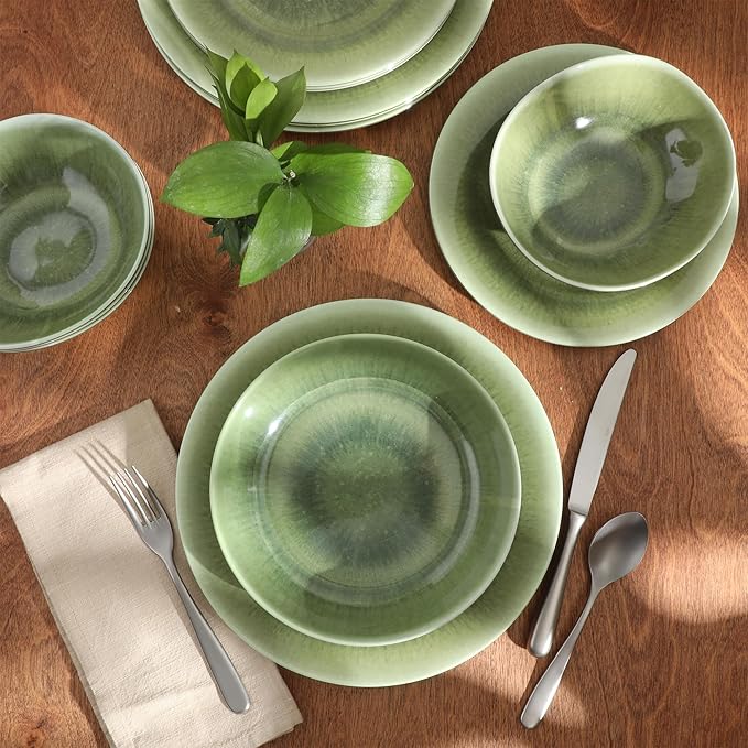 Gibson Home Casper Court 16-Piece Melamine Dinnerware Set – Green Reactive Glaze Look Plates and Bowls Service for 4 – Top Rack Dishwasher Safe Everyday Dining Set
