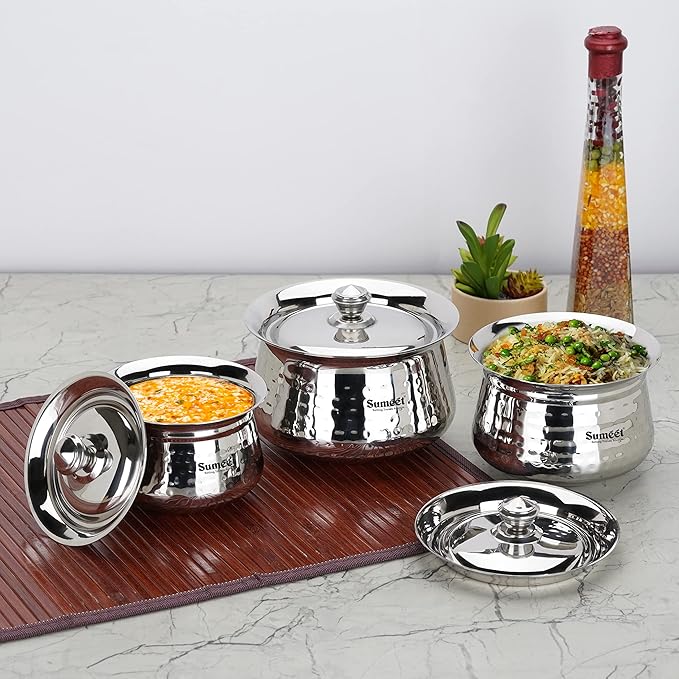 Sumeet Stainless Steel Handcrafted Hammered Texture Handi Set with Lid for Kitchen Set of 3 460ml 650ml &amp 950ml Silver