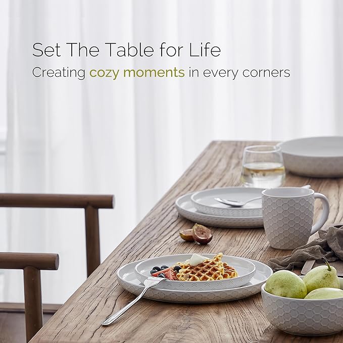 Stoneware Dinnerware Sets Service for 4 12 pcs Reactive Glaze Plates and Bowls Sets Embossed Boho Ceramic Dish Set Highly Chip and Crack Resistant Farmhouse Plate Set Ivory White