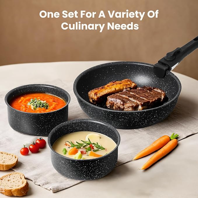 Hexago 12-Piece Black Granite Non-Stick Cookware Set with Detachable Handles – All-in-One Healthy Non-Toxic Pots and Pans for All Stovetops Dishwasher-Safe