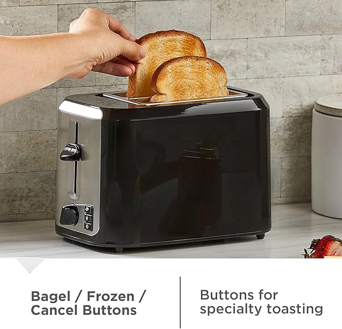 2-Slots Bread Toaster with Extra Wide Slots Multiple Toast Settings Removable Crumb Tray Black and Stainless Steel Finish