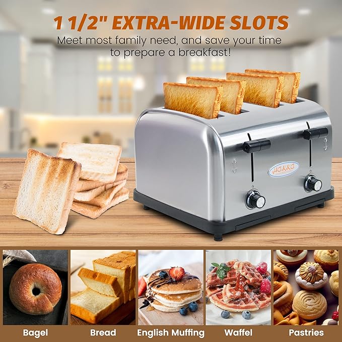 Hakka Toaster 4 Slice Heavy-Duty Stainless Steel Toasters Commercial Toaster with Extra Wide Slots Auto Pop-up &amp Removable Crumb Tray 1800W/110V