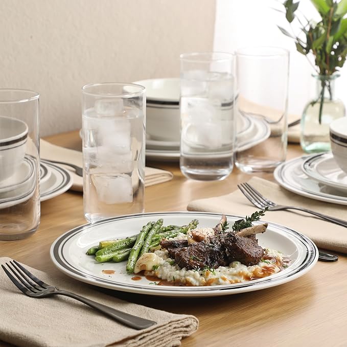 Gibson Home Hometown Diner 12-Piece Porcelain Dinnerware Set Round Plates and Bowls Set for 4 White with Black Rim Dishwasher Safe – Dinner Plate Salad Plate &amp Cereal Bowl