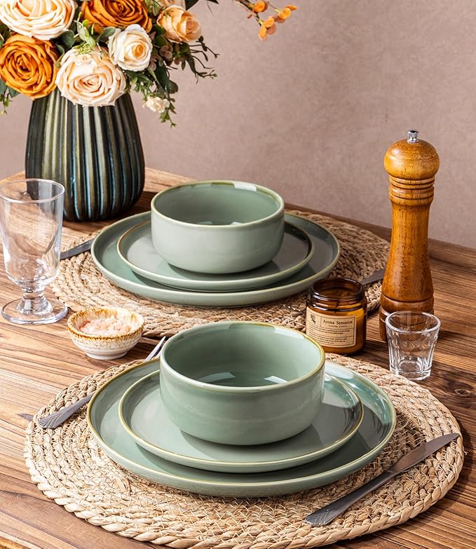 TheTerra Ceramic Dinnerware Sets for 4 12 Pieces Handmade Reactive Glaze Plates and Bowls Set Scratch Resistant Dish Set Oven &amp Microwave &amp Dishwasher Safe Eucalyptus