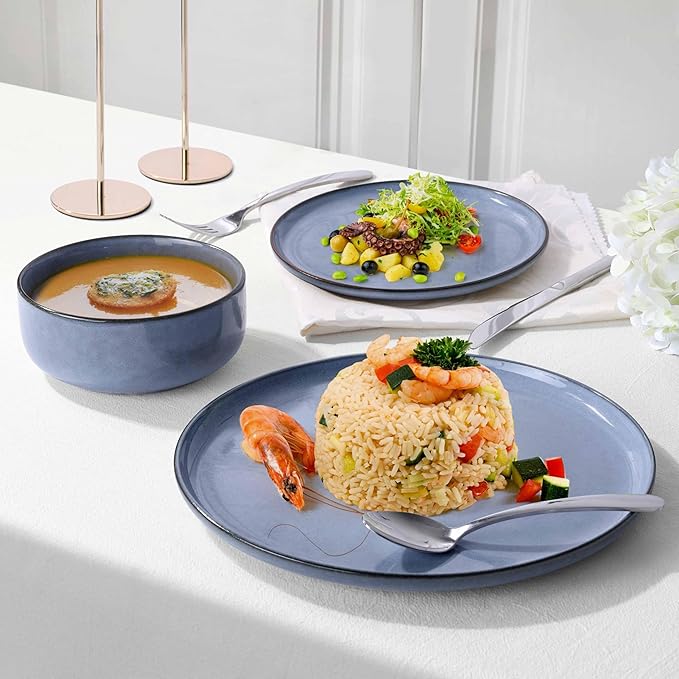 Herogo 6-Piece Stoneware Dinnerware Sets for 2 Stackable Dinner Plates and Bowls Sets Double Reactive Glaze Dishware Place Setting for Kitchen Scratch Resistant Microwave Safe Haze Blue
