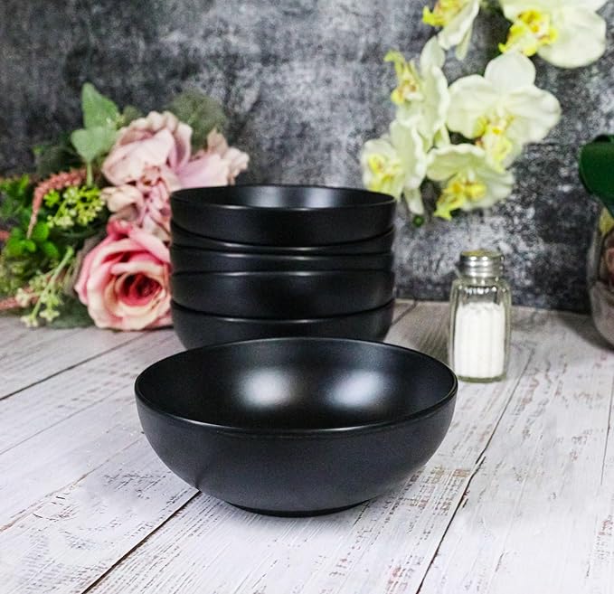 Ebros Gift Contemporary Ridged Matte Black Melamine Series Dinnerware Serveware Kitchenware Set Japanese Chinese Restaurant Supply (Pack Of 6 Round Soup Appetizer Rice Shallow Bowls 16oz)