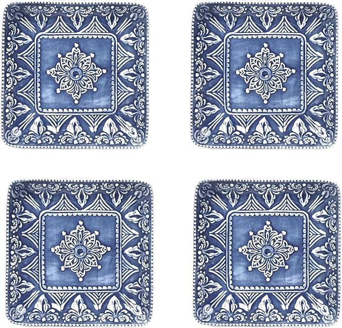 Sungmor Embossed Stoneware Fine Dining Dinnerware Antique Baroque Style Porcelain 6 Inch Square Appetizer Plates Set of 4 Sophisticated Ceramic Small Dinner Plates Serving Dish for Dessert Salad