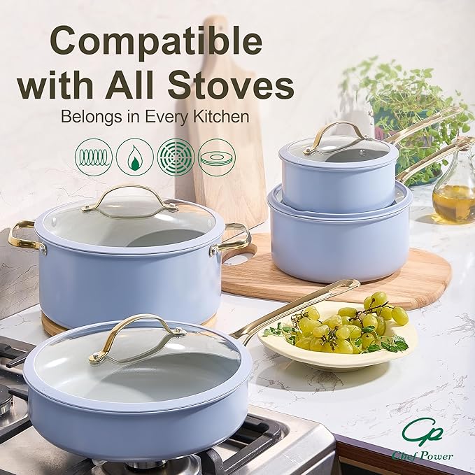 Chef Power Ceramic Cookware Sets 10Pcs Pots and Pans Set Non Stick Cookware Set with Stainless Steel Handle Dishwasher &amp Oven Safe Blue Gray and Granite Grey