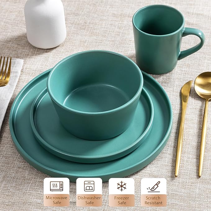 Plates and Bowls Sets for 4 - CJDC-QUELO 16 Piece Stoneware Dinnerware Sets with Mugs Ceramic Dishware Sets for Kitchen Dining Use Chip and Scratch Resistant Microwave Dishwasher Safe Green
