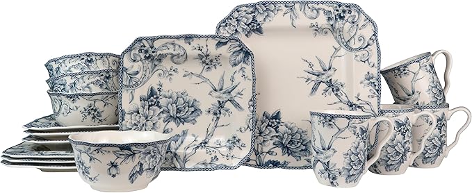 222 Fifth Adelaide 16-Piece Floral Porcelain Dinnerware Set | Microwave and Dishwasher Safe Dining Set for 4 | Stackable and Chip-Resistant Plates Bowls and Cups | Gift for Housewarming and Wedding