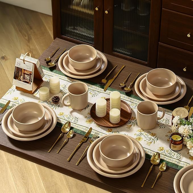 GZG Vintage Series - Ceramic Dinnerware Set for 4 12 Pieces Stoneware Plates and Bowls Set Lead-Free Handcrafted Dishes Set Microwave &amp Dishwasher Safe - Warm Apricot